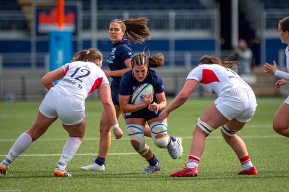 Attacking play near the try line during the Women's Six Nations match between Scotland and England in Edinburgh.