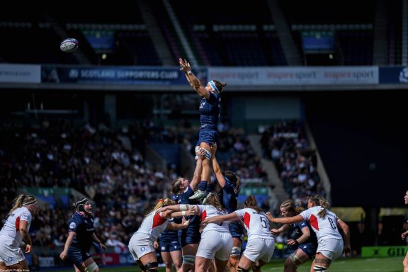 Lineout jump during the Women's Six Nations rugby game between Scotland and England in Edinburgh.