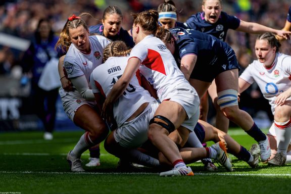 Breakdown situation as players contest possession during the Women's Six Nations match between Scotland and England in Edinburgh.