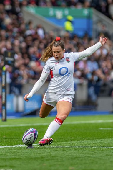 Open play action from the Women's Six Nations rugby match between Scotland and England in Edinburgh.