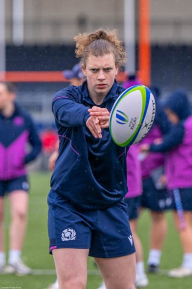 Close-up detail of rugby match play during the Women's Six Nations game between Scotland and England in Edinburgh.