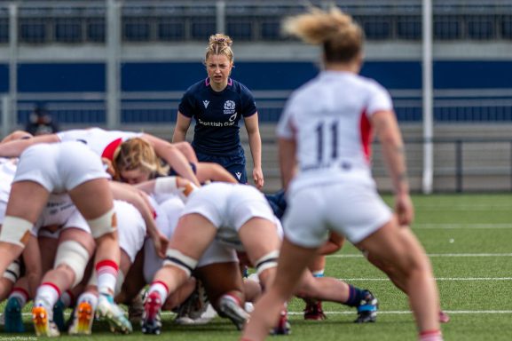 Scrum formation during the Women's Six Nations rugby match between Scotland and England in Edinburgh.