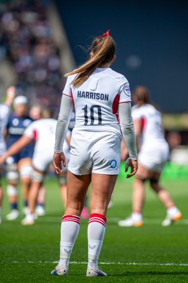 Close-up detail of rugby match play during the Women's Six Nations game between Scotland and England in Edinburgh.