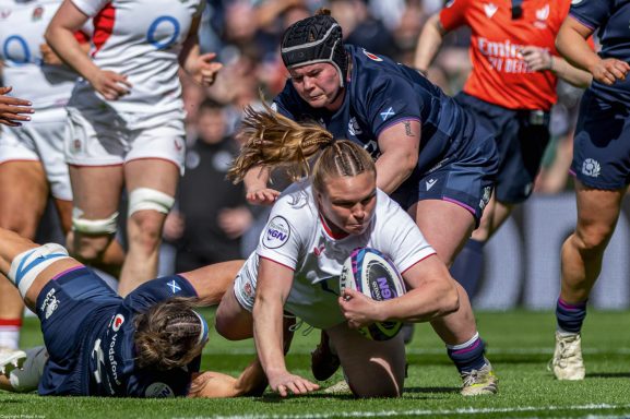 Attacking play near the try line during the Women's Six Nations match between Scotland and England in Edinburgh.