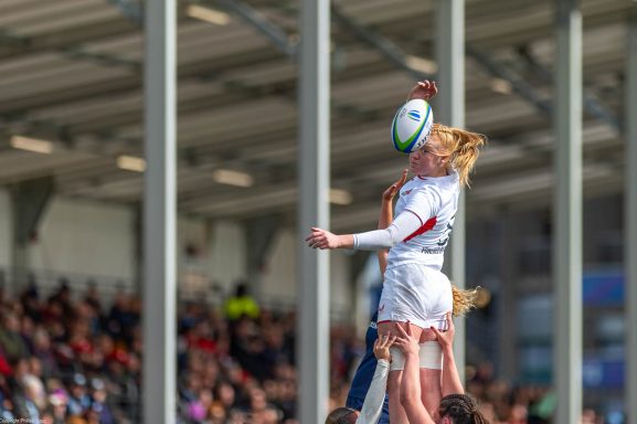 Lineout jump during the Women's Six Nations rugby game between Scotland and England in Edinburgh.