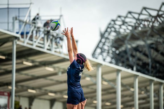 Lineout jump during the Women's Six Nations rugby game between Scotland and England in Edinburgh.