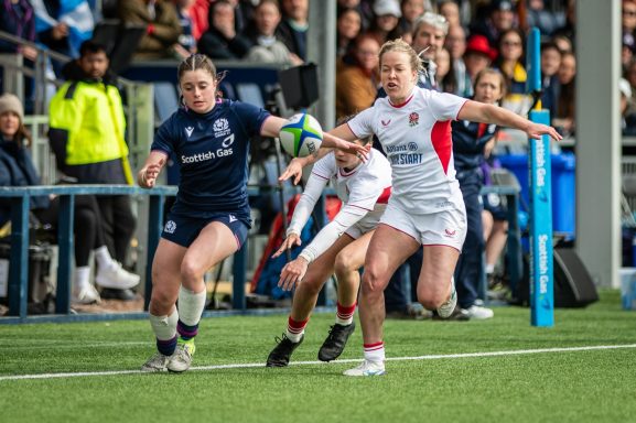 Attacking play near the try line during the Women's Six Nations match between Scotland and England in Edinburgh.