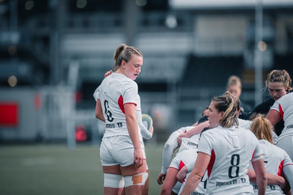 Scrum formation during the Women's Six Nations rugby match between Scotland and England in Edinburgh.