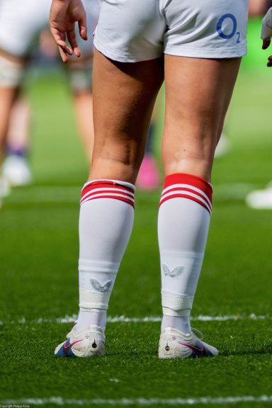 Close-up detail of rugby match play during the Women's Six Nations game between Scotland and England in Edinburgh.