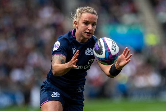 Close-up detail of rugby match play during the Women's Six Nations game between Scotland and England in Edinburgh.