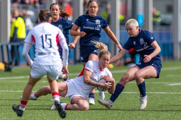 Attacking play near the try line during the Women's Six Nations match between Scotland and England in Edinburgh.