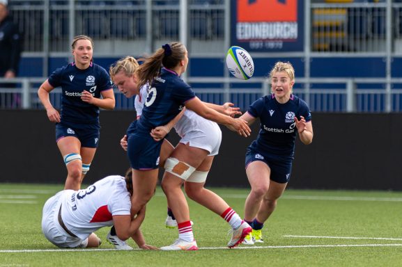 Attacking play near the try line during the Women's Six Nations match between Scotland and England in Edinburgh.
