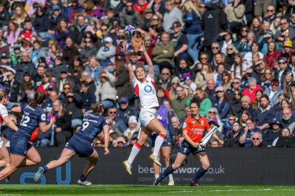 Open play action from the Scotland vs England Women's Six Nations rugby match in Edinburgh
