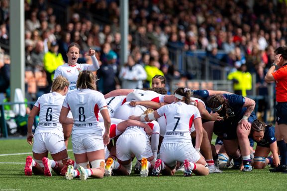 Scrum formation during the Women's Six Nations rugby match between Scotland and England in Edinburgh.