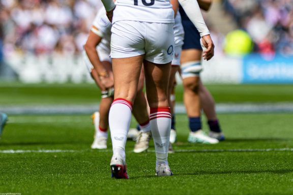 Close-up detail of rugby match play during the Women's Six Nations game between Scotland and England in Edinburgh.