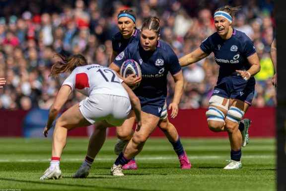 Attacking play near the try line during the Women's Six Nations match between Scotland and England in Edinburgh.