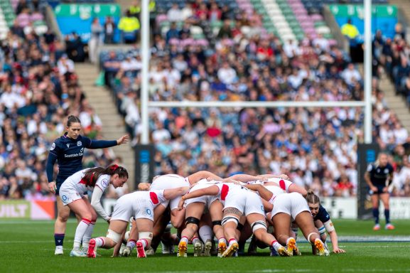 Scrum formation during the Women's Six Nations rugby match between Scotland and England in Edinburgh.