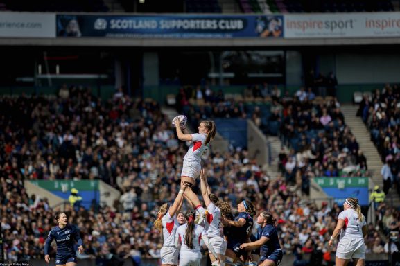 Lineout jump during the Women's Six Nations rugby game between Scotland and England in Edinburgh.