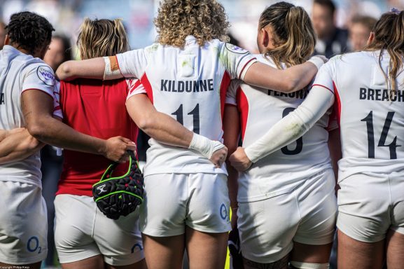 Close-up detail of rugby match play during the Women's Six Nations game between Scotland and England in Edinburgh.